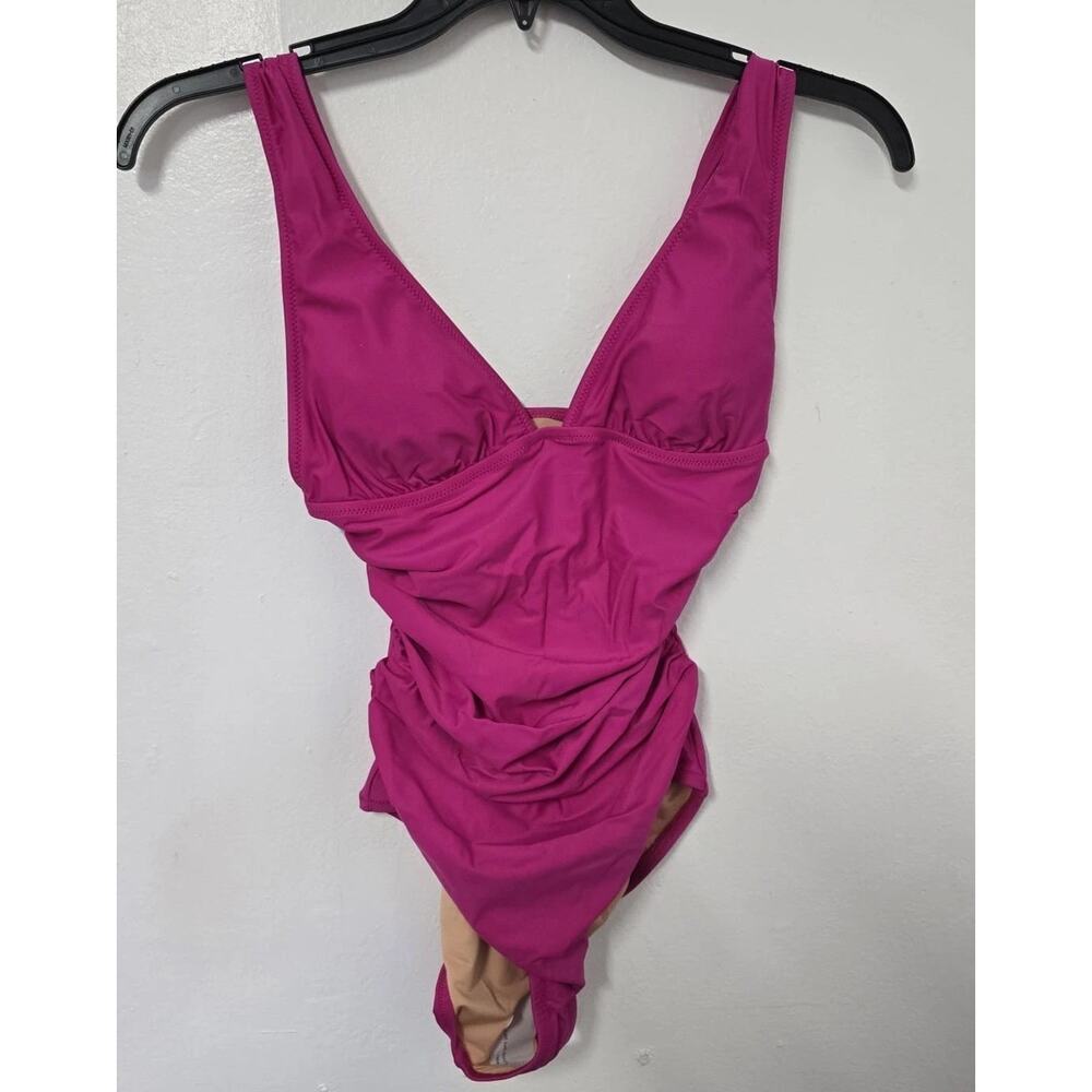 J.Crew Ruched V Neck One Piece Swimsuit Womens Size 4 Fuchsia BC116